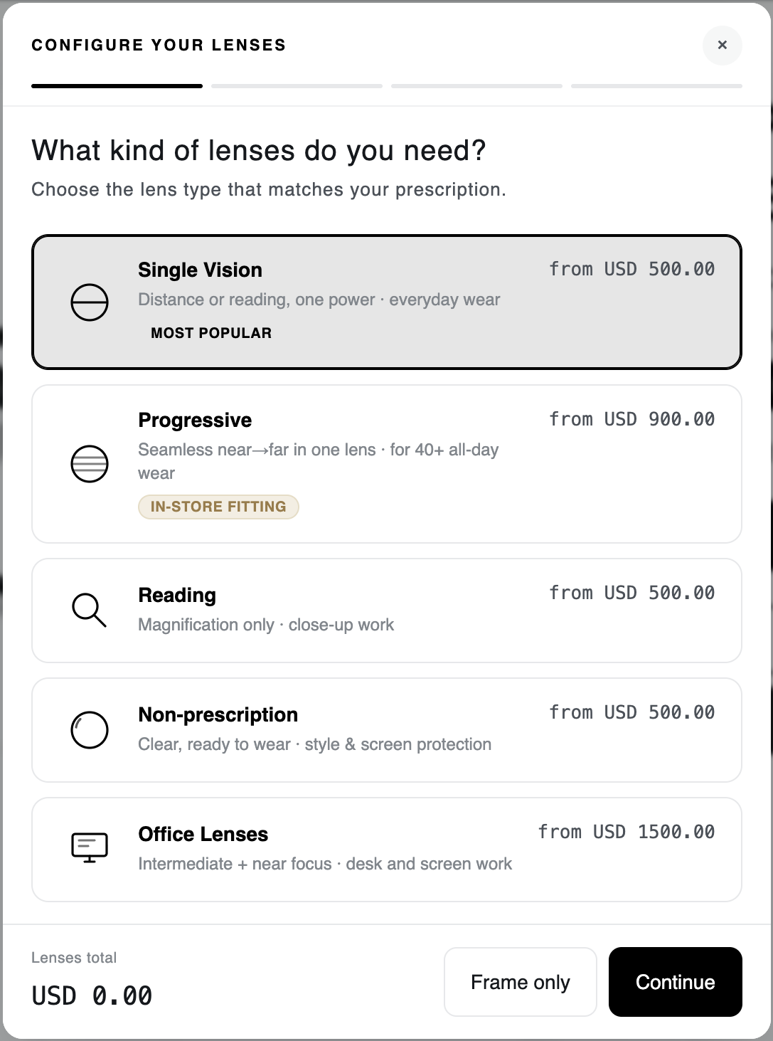 LensPath configurator, step one: choosing a lens type — Single Vision, Progressive, Reading — with mono-priced options and a running lenses total