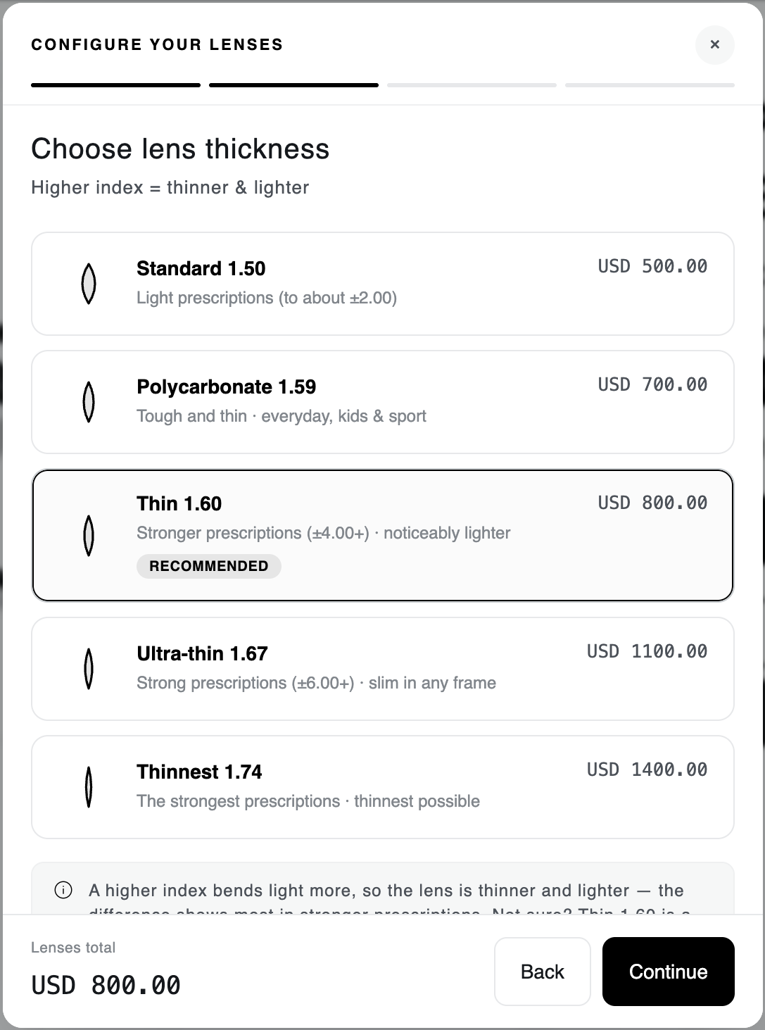 Configurator step two: choosing lens thickness from Standard 1.50 to Thinnest 1.74, with Thin 1.60 recommended