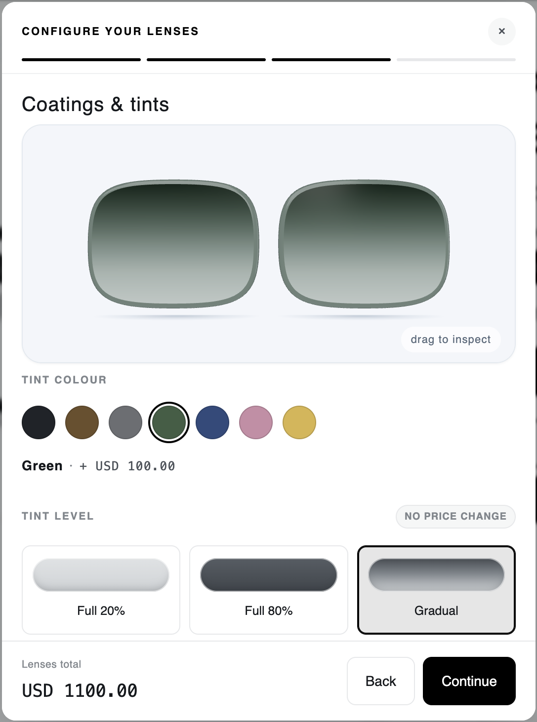 Coatings and tints: live lens preview, seven tint colours, and tint level options