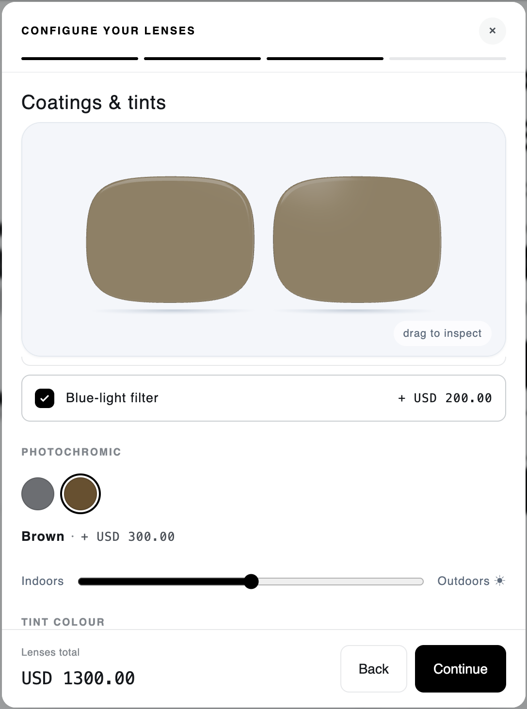 Photochromic options with indoors-to-outdoors preview slider and blue-light filter add-on