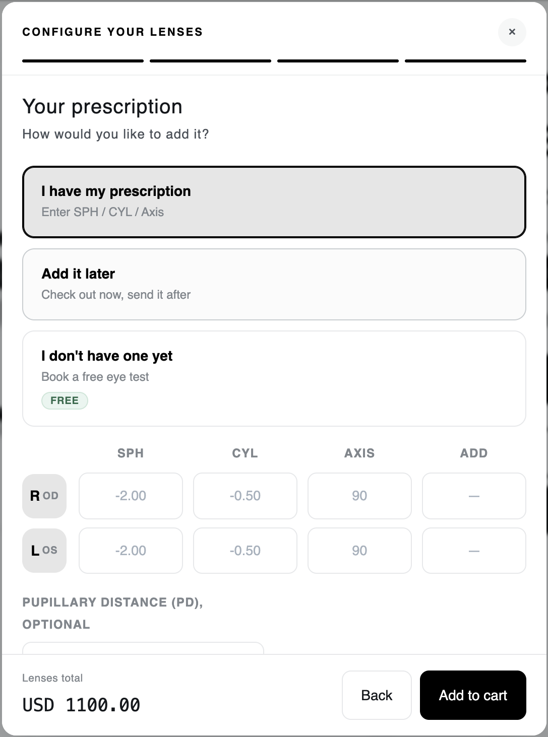 Prescription step: enter SPH/CYL/Axis per eye, add it later, or book a free in-store eye test