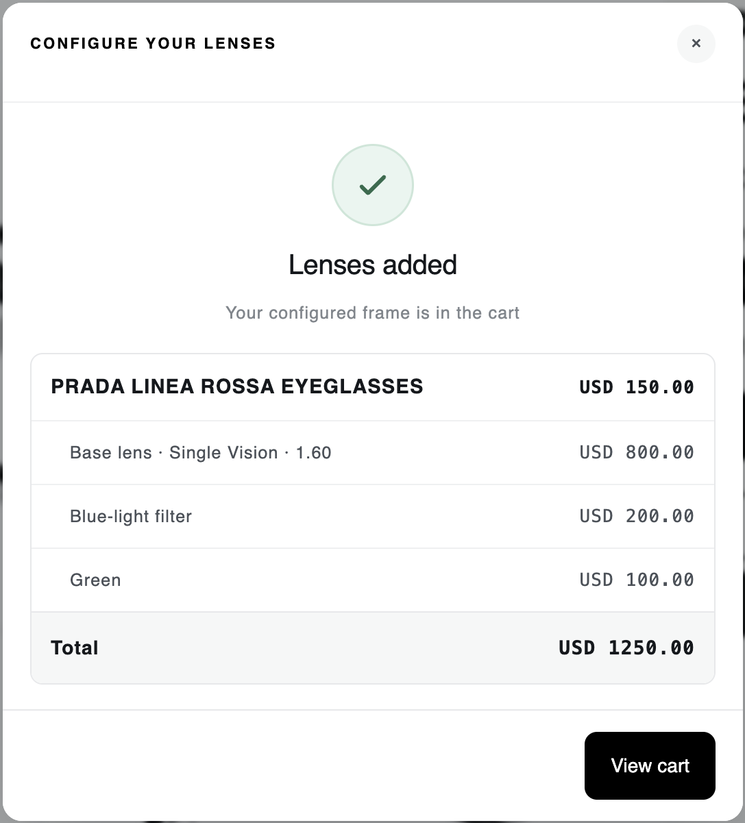 Success screen: lenses added to cart with itemised pricing — frame, base lens, blue-light filter, tint, and total